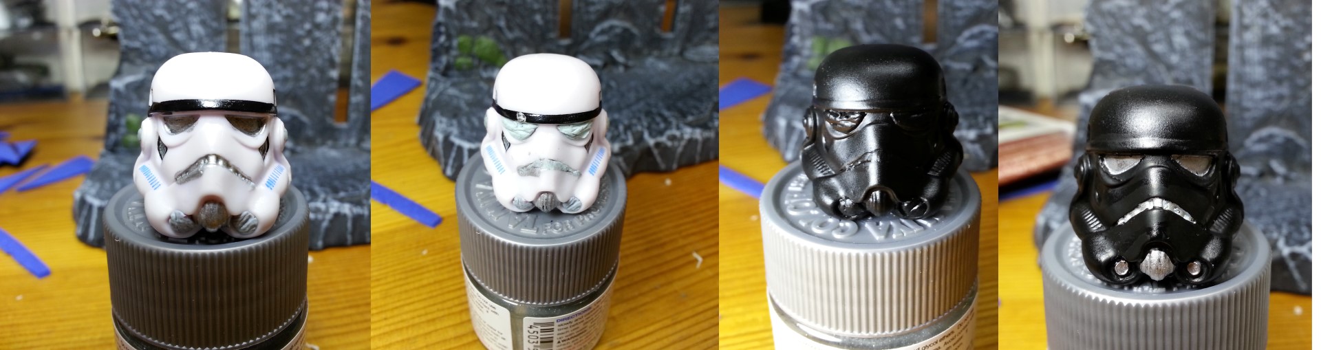 Evolution of the StormTrooper Helmet. I used Bluetack to mask the eyes for painting.