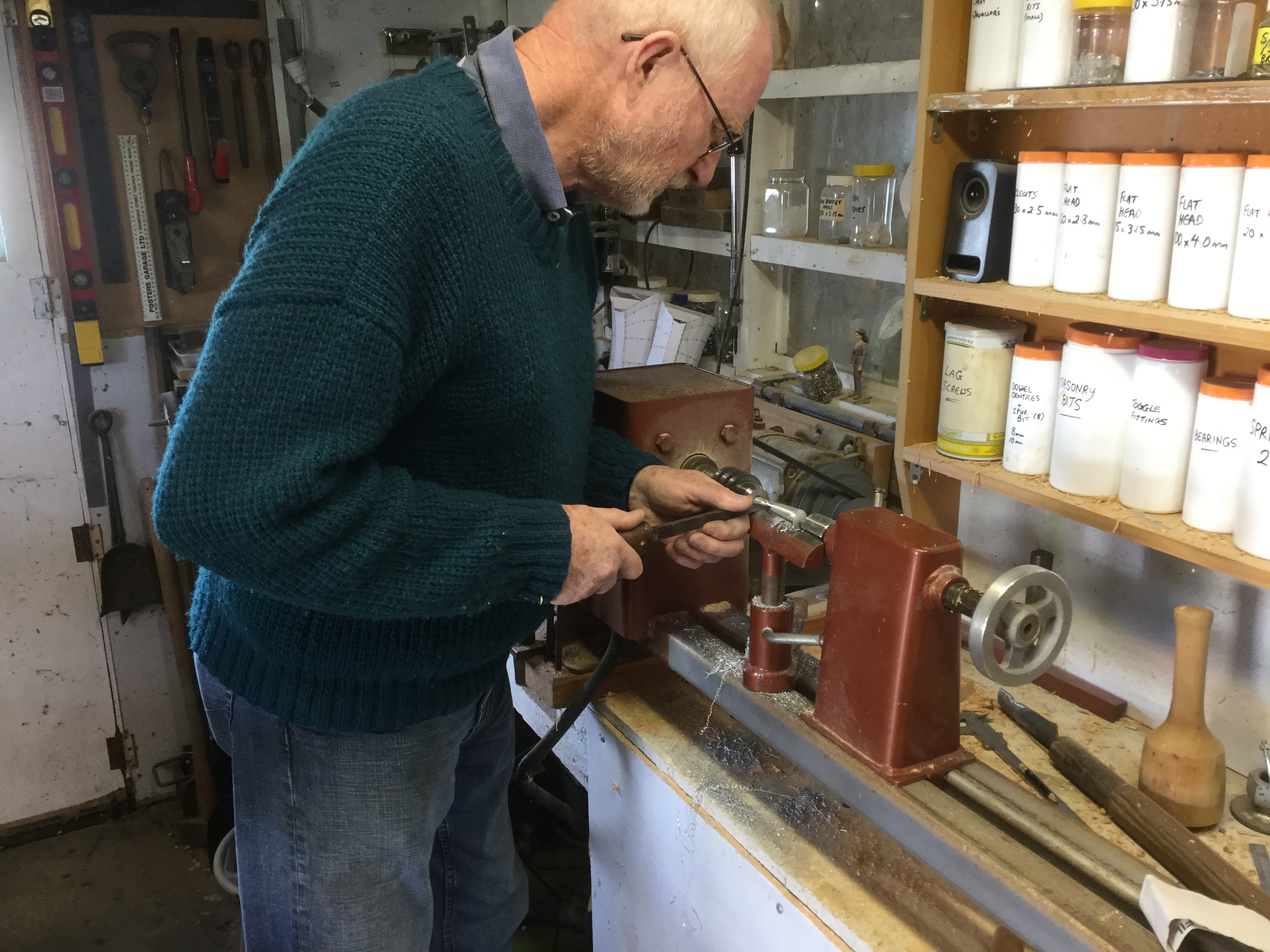 Turning aluminium on wood lathe. Slowest speed and being careful not to force the tool into the metal.