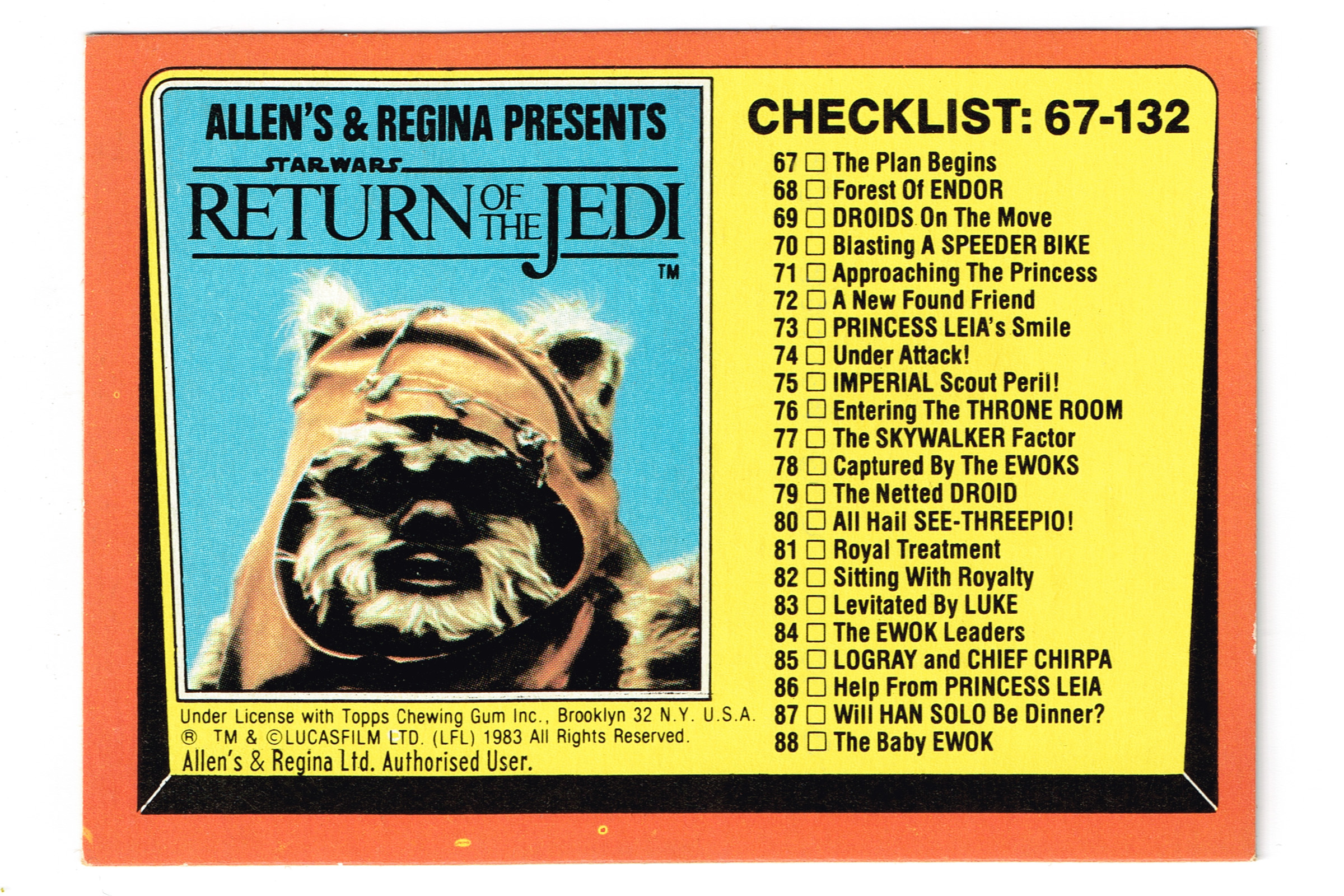 Allen's and Regina NZ Return of the Jedi Trading Card
