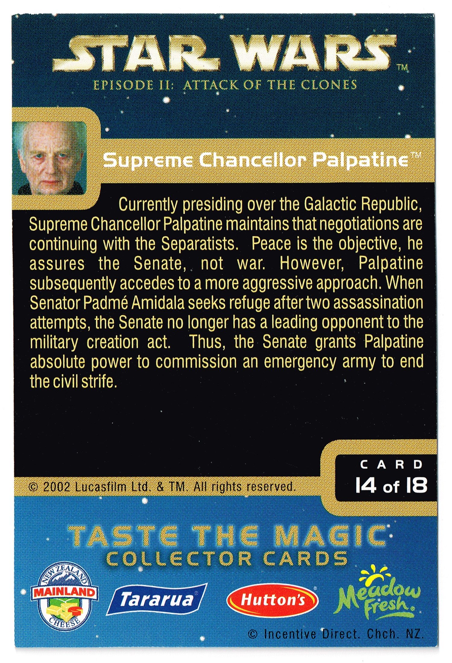 "Taste the Magic" Collector Card 14 - Supreme Chancellor Palpatine